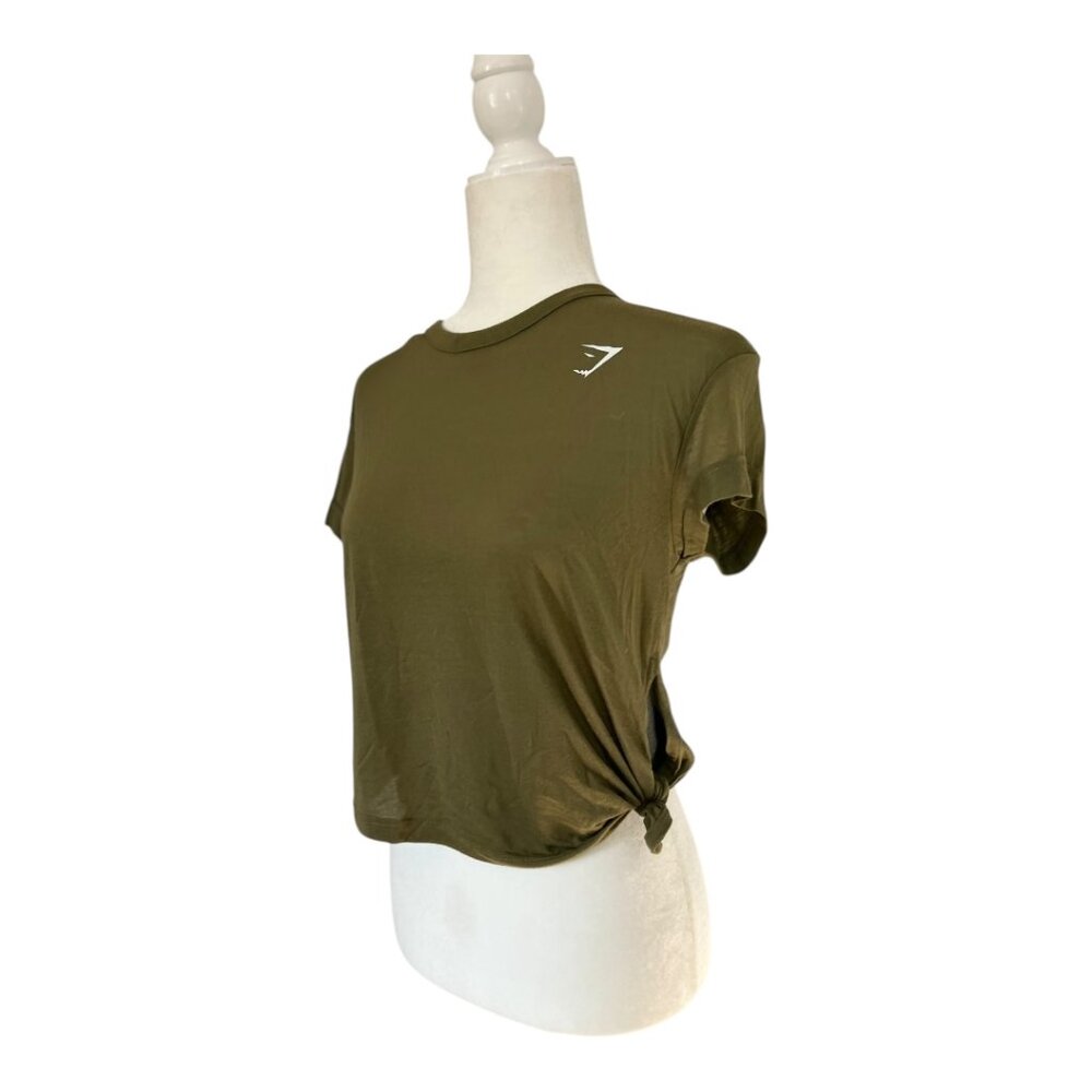 Gymshark Side-Tie Cropped Tee – Olive Green, Size Medium